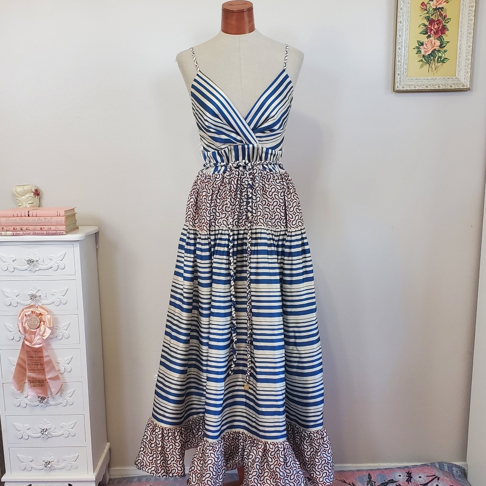 Silvia Tcherassi Butera Silk Maxi Dress Blue and White Stripes Large - Picture 2 of 10